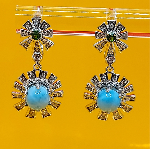 Natural Unheated Larimar 7mm & Cz‎ 925 Sterling Silver Earrings - Picture 6 of 7